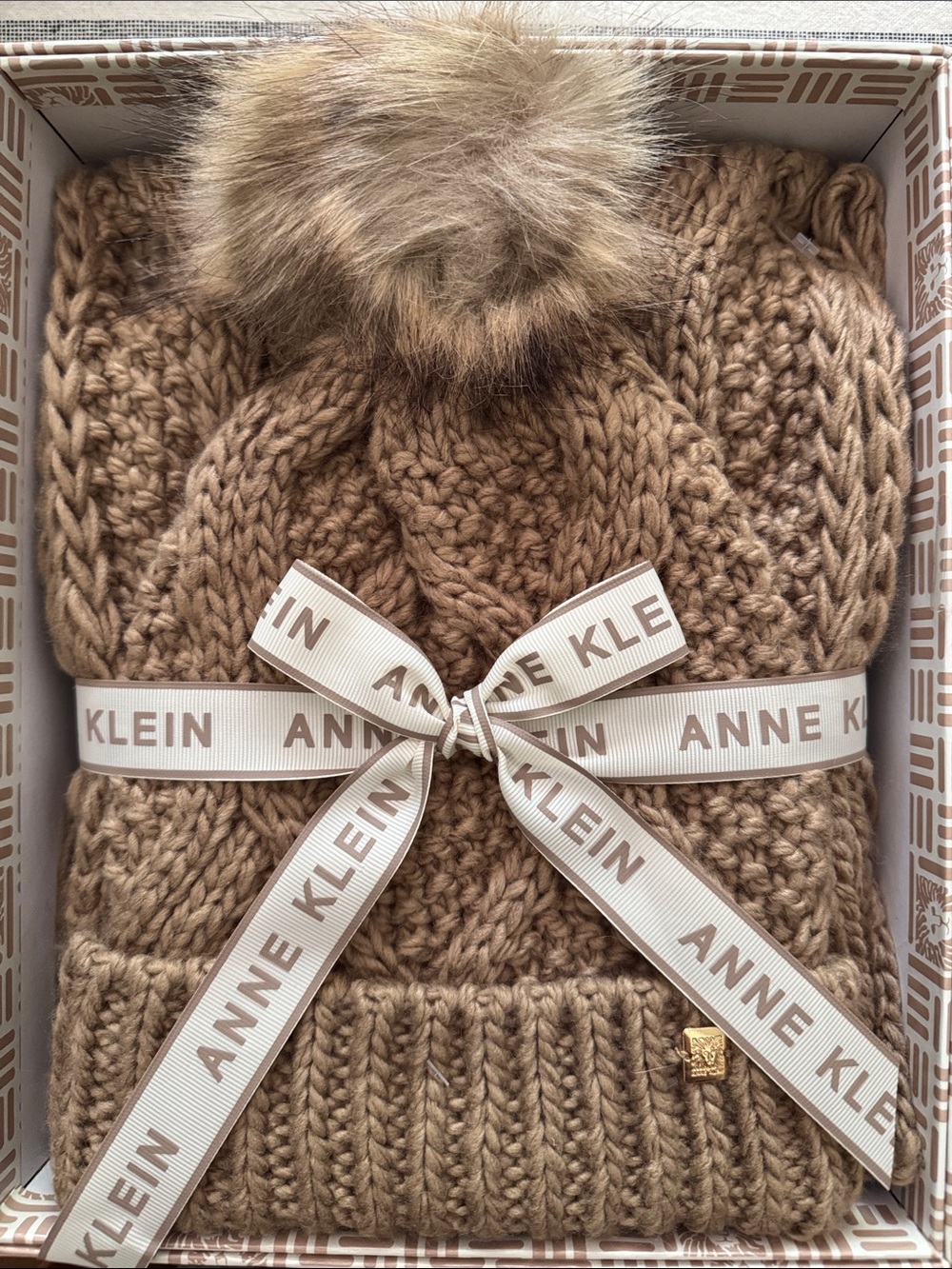 Anne Klein Camel Cable Knit Beanie and scarf gift set